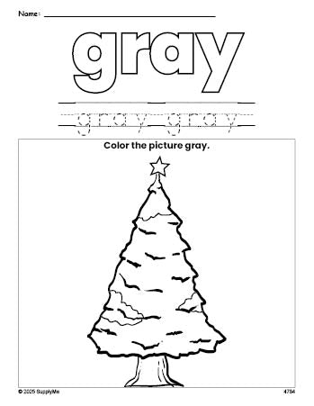 Free Christmas tree color gray coloring page and color worksheet, gray worksheet for preschoolers to learn colors, printable PDF