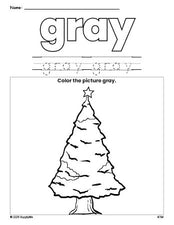 Free Christmas tree color gray coloring page and color worksheet, gray worksheet for preschoolers to learn colors, printable PDF