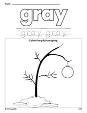 Free Christmas tree color gray coloring page and color worksheet, gray worksheet for preschoolers to learn colors, printable PDF