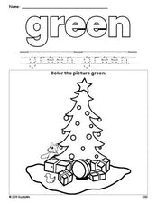 Free Christmas tree color green coloring page and color worksheet, green worksheet for preschoolers to learn colors, printable PDF