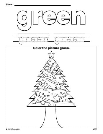 Free Christmas tree color green coloring page and color worksheet, green worksheet for preschoolers to learn colors, printable PDF