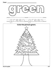 Free Christmas tree color green coloring page and color worksheet, green worksheet for preschoolers to learn colors, printable PDF