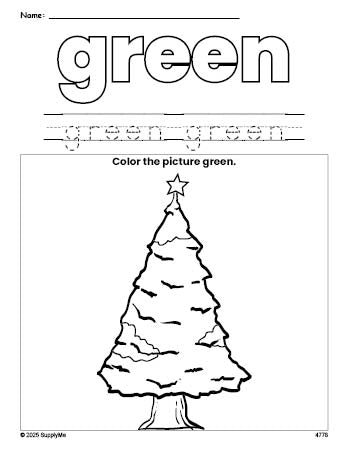 Free Christmas tree color green coloring page and color worksheet, green worksheet for preschoolers to learn colors, printable PDF