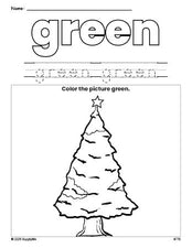 Free Christmas tree color green coloring page and color worksheet, green worksheet for preschoolers to learn colors, printable PDF