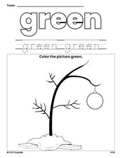 Free Christmas tree color green coloring page and color worksheet, green worksheet for preschoolers to learn colors, printable PDF