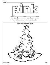 Free Christmas tree color pink coloring page and color worksheet, pink worksheet for preschoolers to learn colors, printable PDF