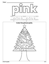 Free Christmas tree color pink coloring page and color worksheet, pink worksheet for preschoolers to learn colors, printable PDF