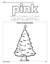 Free Christmas tree color pink coloring page and color worksheet, pink worksheet for preschoolers to learn colors, printable PDF