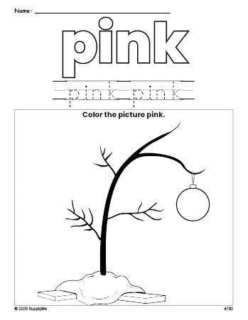 Free Christmas tree color pink coloring page and color worksheet, pink worksheet for preschoolers to learn colors, printable PDF