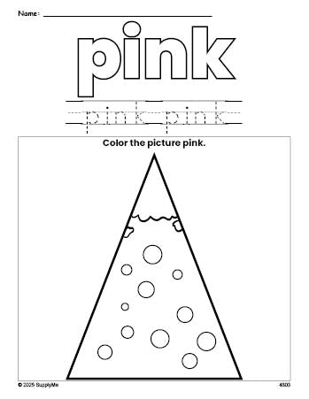 Free Christmas tree color pink coloring page and color worksheet, pink worksheet for preschoolers to learn colors, printable PDF