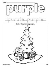 Free Christmas tree color purple coloring page and color worksheet, purple worksheet for preschoolers to learn colors, printable PDF