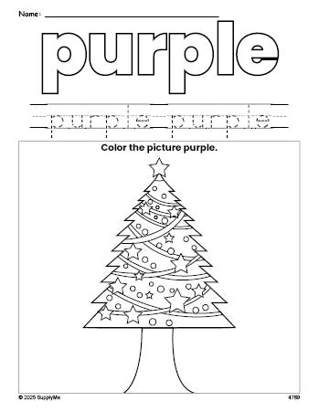 Free Christmas tree color purple coloring page and color worksheet, purple worksheet for preschoolers to learn colors, printable PDF