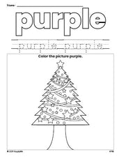 Free Christmas tree color purple coloring page and color worksheet, purple worksheet for preschoolers to learn colors, printable PDF