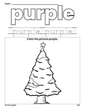 Free Christmas tree color purple coloring page and color worksheet, purple worksheet for preschoolers to learn colors, printable PDF