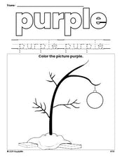 Free Christmas tree color purple coloring page and color worksheet, purple worksheet for preschoolers to learn colors, printable PDF