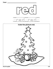 Free Christmas tree color red coloring page and color worksheet, red worksheet for preschoolers to learn colors, printable PDF