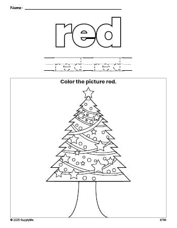 Free Christmas tree color red coloring page and color worksheet, red worksheet for preschoolers to learn colors, printable PDF