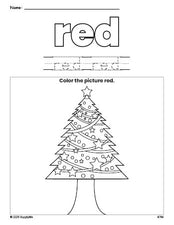 Free Christmas tree color red coloring page and color worksheet, red worksheet for preschoolers to learn colors, printable PDF