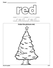 Free Christmas tree color red coloring page and color worksheet, red worksheet for preschoolers to learn colors, printable PDF