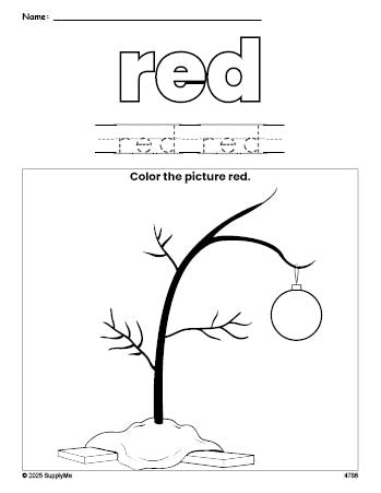 Free Christmas tree color red coloring page and color worksheet, red worksheet for preschoolers to learn colors, printable PDF