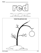 Free Christmas tree color red coloring page and color worksheet, red worksheet for preschoolers to learn colors, printable PDF