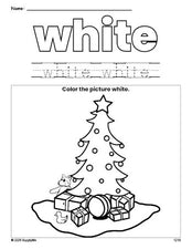 Free Christmas tree color white coloring page and color worksheet, white worksheet for preschoolers to learn colors, printable PDF