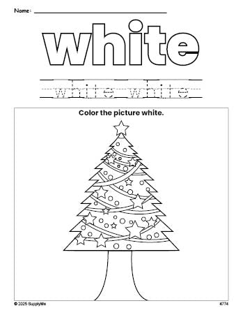 Free Christmas tree color white coloring page and color worksheet, white worksheet for preschoolers to learn colors, printable PDF