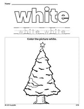 Free Christmas tree color white coloring page and color worksheet, white worksheet for preschoolers to learn colors, printable PDF