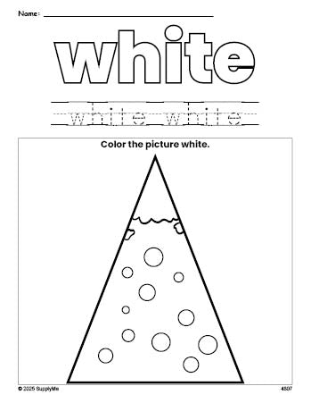 Free Christmas tree color white coloring page and color worksheet, white worksheet for preschoolers to learn colors, printable PDF