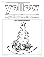 Free Christmas tree color yellow coloring page and color worksheet, yellow worksheet for preschoolers to learn colors, printable PDF