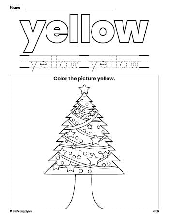 Free Christmas tree color yellow coloring page and color worksheet, yellow worksheet for preschoolers to learn colors, printable PDF