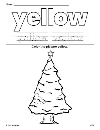 Free Christmas tree color yellow coloring page and color worksheet, yellow worksheet for preschoolers to learn colors, printable PDF