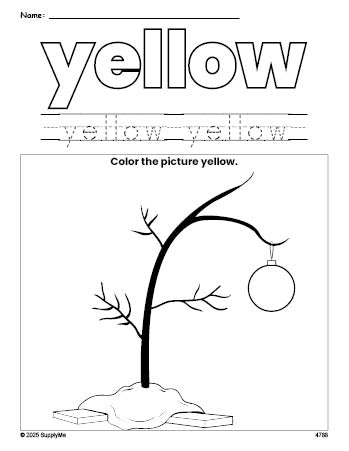 Free Christmas tree color yellow coloring page and color worksheet, yellow worksheet for preschoolers to learn colors, printable PDF