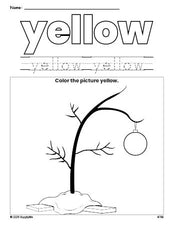 Free Christmas tree color yellow coloring page and color worksheet, yellow worksheet for preschoolers to learn colors, printable PDF