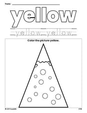 Free Christmas tree color yellow coloring page and color worksheet, yellow worksheet for preschoolers to learn colors, printable PDF