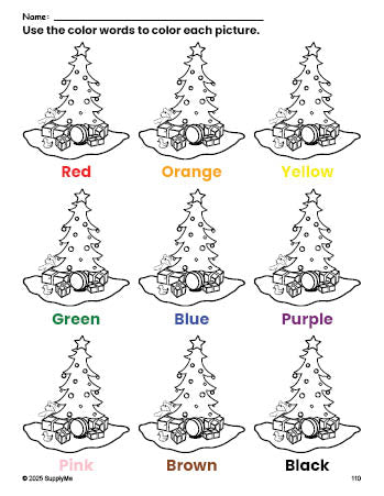 Free Christmas tree coloring page and color worksheet for preschoolers to learn colors, printable PDF