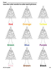 Free Christmas tree coloring page and color worksheet for preschoolers to learn colors, printable PDF