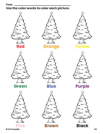 Free Christmas tree coloring page and color worksheet for preschoolers to learn colors, printable PDF