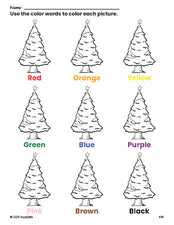 Free Christmas tree coloring page and color worksheet for preschoolers to learn colors, printable PDF