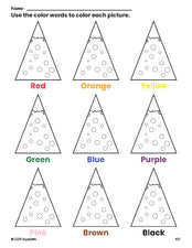 Free Christmas tree coloring page and color worksheet for preschoolers to learn colors, printable PDF