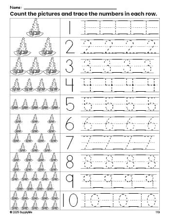 Free printable Christmas tree counting worksheet for preschool and pre-k with number tracing practice 1-10, PDF