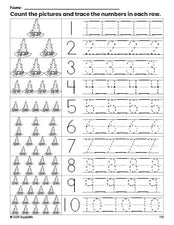 Free printable Christmas tree counting worksheet for preschool and pre-k with number tracing practice 1-10, PDF