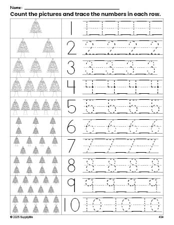 Free printable Christmas tree counting worksheet for preschool and pre-k with number tracing practice 1-10, PDF