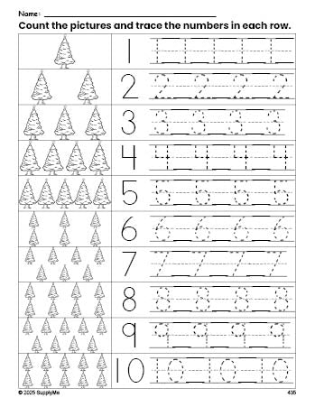 Free printable Christmas tree counting worksheet for preschool and pre-k with number tracing practice 1-10, PDF