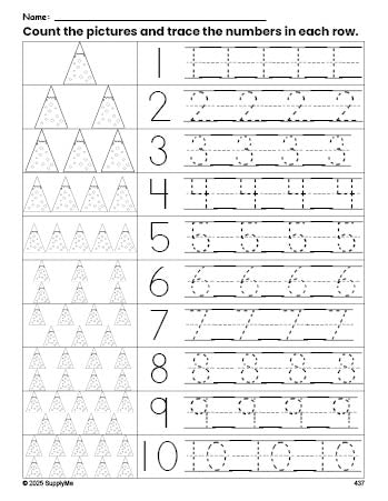 Free printable Christmas tree counting worksheet for preschool and pre-k with number tracing practice 1-10, PDF