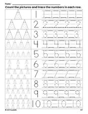 Free printable Christmas tree counting worksheet for preschool and pre-k with number tracing practice 1-10, PDF