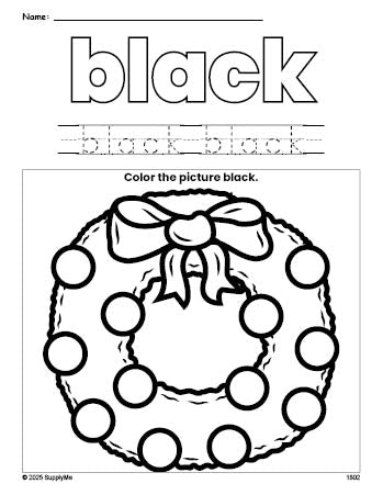 Free Christmas wreath color black coloring page and color worksheet, black worksheet for preschoolers to learn colors, printable PDF