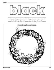 Free Christmas wreath color black coloring page and color worksheet, black worksheet for preschoolers to learn colors, printable PDF