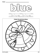 Free Christmas wreath color blue coloring page and color worksheet, blue worksheet for preschoolers to learn colors, printable PDF