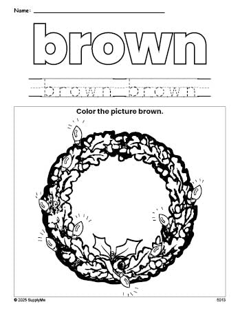 Free Christmas wreath color brown coloring page and color worksheet, brown worksheet for preschoolers to learn colors, printable PDF